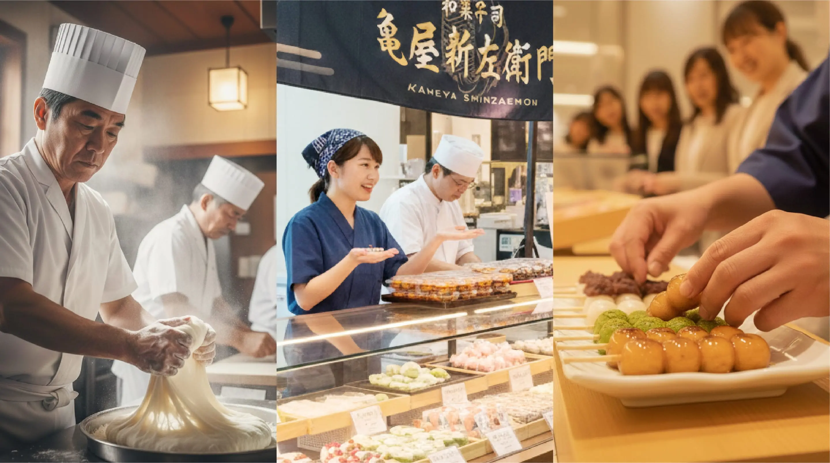 和菓子職人が餅を伸ばしている様子、店頭で和菓子を販売するスタッフと陳列された和菓子、みたらし団子やあんこ団子を用意する手元と笑顔の客の様子。